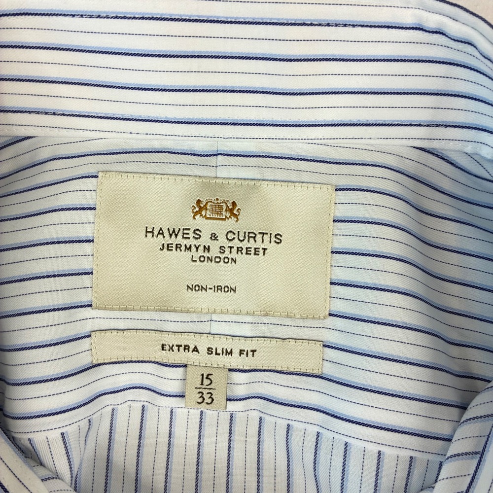 Hawes‎ & Curtis Dress Shirt Mens 15/33 Blue White Stripe Extra Slim Fit Non-Iron - Picture 2 of 9